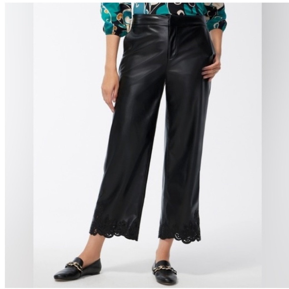 Chico's Black Faux Leather Cutwork Hem Wide Leg Crop Pants Women 16P Chic Edgy